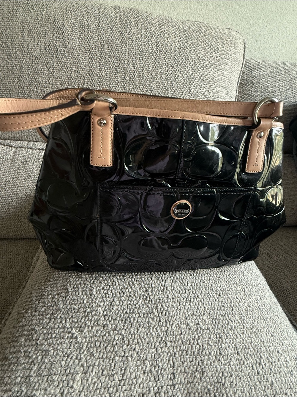 Coach Black Patent Leather Shoulder Bag with Tan Trim